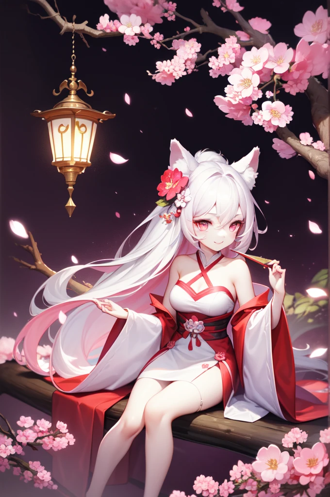 1 girl, long hair, One, pink hair, bird, hair ornament, water, I look at the viewer, flower, Cherry blossoms, pink eyes, Black background, Petals, Sitting, bare shoulders, White hair, hair flower, animal ears, dress, branch, hand fan, hair between eyes, very long hair, smile