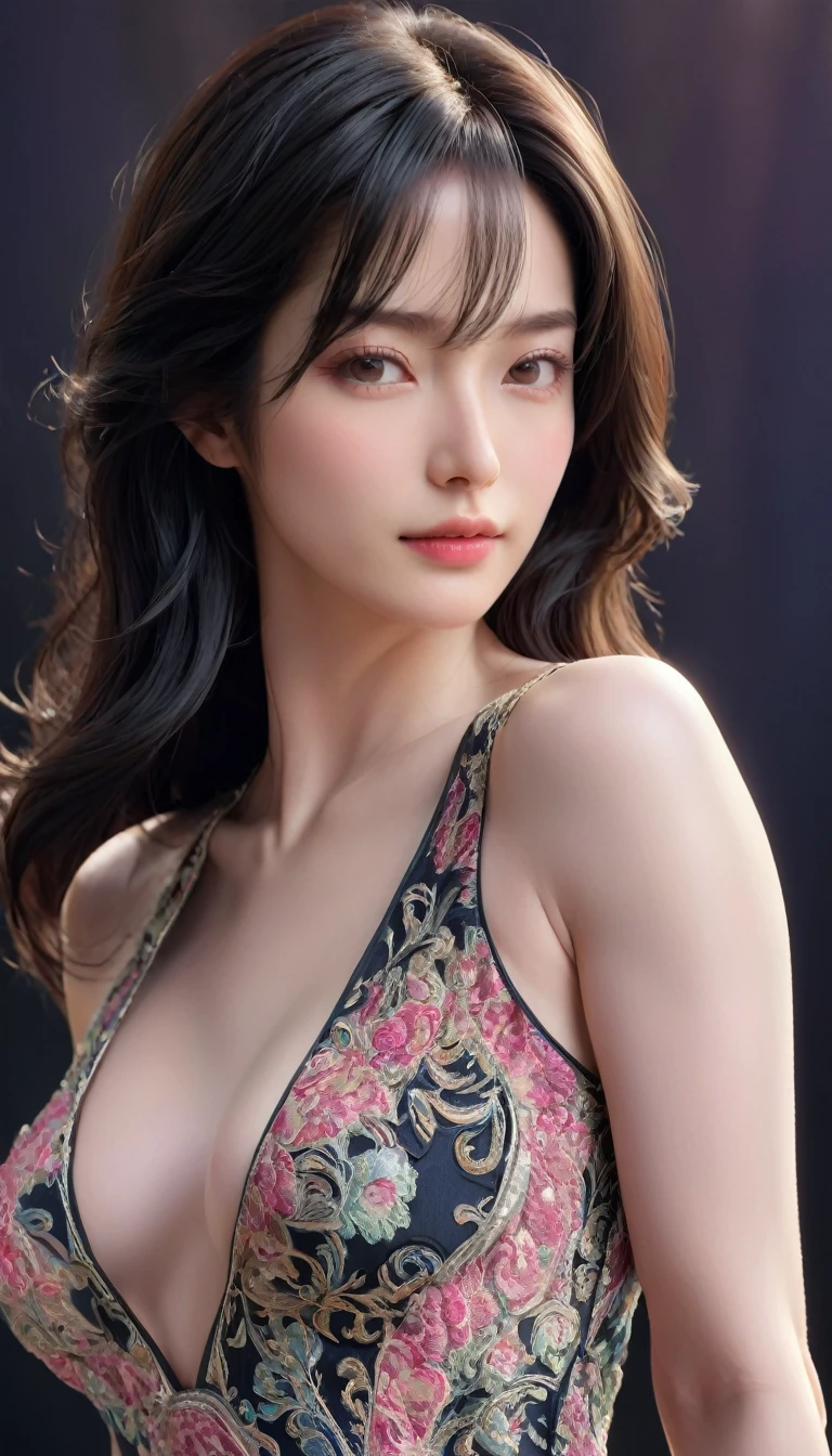 ((最大16K解像度のmasterpiece:1.6)),beautiful,Highest quality,Absolutely wonderful,Very detailed,Ultra-high resolution,masterpiece,Realistic,Realistic,Increased depth of field,Cinematic Light,
One elegant mature woman, Long black hair,beautiful顔,Face with a gentle expression,Transparent white skin,Very delicate skin texture,Great proportions,Anatomically correct body,
high slit dress,Gorgeous colors,Gorgeous and detailed pattern,Beautifully detailed pattern,Detailed cloth texture,
Black Background,
Focus on the face,Face close up,Portrait Shot,