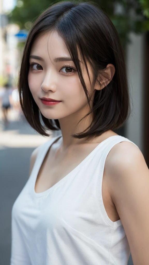 Random pose, Mix 4, (8K, Raw photo, highest quality, masterpiece: 1.45), (real, photorealistic: 1.37), one girl, cute small, smiling, Tokyo, urban landscape, natta, professional lighting, mundane, park, photon mapping, radiosity, physically based rendering, gradient black hair, white hair, straight short bob cut, gal, handsome, age girl, summer clothes, summer outfit, highest quality photo, high resolution, 1080P, (clear face), (detailed face description), (detailed hand description), (masterpiece), vivid, extreme light and shadow, disheveled hair, masterpiece, rich in detail, (detailed facial features), (highest quality photo), (masterpiece), (detailed eyes), looking straight ahead, detailed collarbone, focus on armpit.