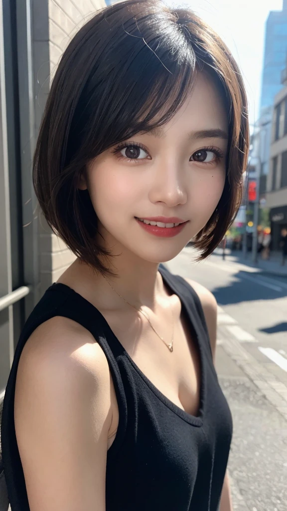 Random pose, Mix 4, (8K, Raw photo, highest quality, masterpiece: 1.45), (real, photorealistic: 1.37), one girl, cute small, smiling, Tokyo, urban landscape, natta, professional lighting, mundane, park, photon mapping, radiosity, physically based rendering, gradient black hair, white hair, straight short bob cut, gal, handsome, teenage girl, summer clothes, summer outfit, highest quality photo, high resolution, 1080P, (clear face), (detailed face description), (detailed hand description), (masterpiece), vivid, extreme light and shadow, disheveled hair, masterpiece, rich in detail, (detailed facial features), (highest quality photo), (masterpiece), (detailed eyes), looking straight ahead, detailed collarbone, focus on armpit.