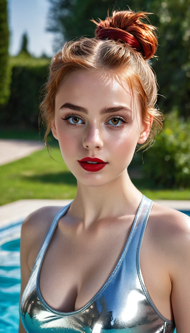ultrarealistic high quality fullbody photo of a beautiful busty slim european teen girl with cute hyperdetailed shy face and natural redhead short messy bun and mischievous face, realistic round hazel eyes, red lips, dark eye makeup with eyeliner, wearing super-slim shiny metallic silver foil swimsuit, hourglass body, outdoor shooting on a pool