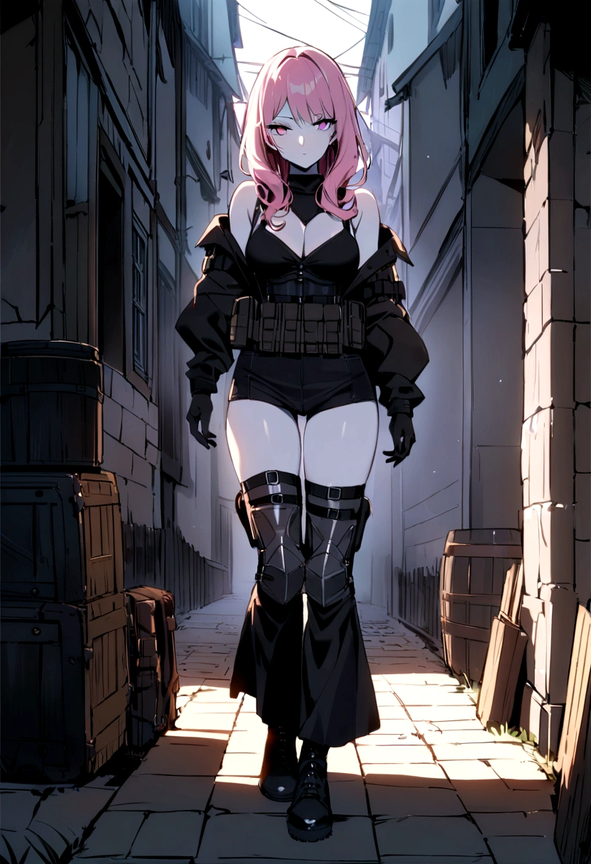 (masterpiece, Best quality, 32 thousand.), (((facing the viewer, full height))), ((full body)), Young age girl with pink hair , ((pink глаза)), ((Eyeliner)), ((Beautiful face, sultry face, mischievous face, fine features, sexy face)), ((pale skin, Smooth skin, perfect skin)), ((cute outfit, Stylish outfit, Medieval attire, fantasy outfit, tactical equipment:1.3))