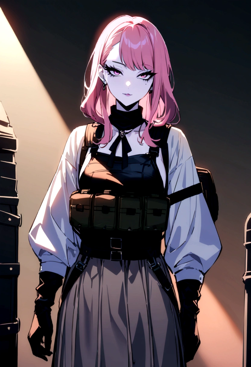 (masterpiece, Best quality, 32 thousand.), (((facing the viewer, full height))), ((full body)), Young teenage girl with pink hair , ((pink глаза)), ((Eyeliner)), ((Beautiful face, sultry face, mischievous face, fine features, sexy face)), ((pale skin, Smooth skin, perfect skin)), ((cute outfit, Stylish outfit, Medieval attire, fantasy outfit, tactical equipment:1.3))

