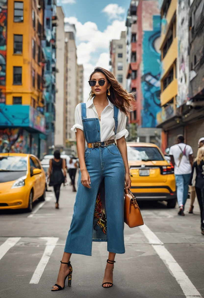 full length ،"A young woman with a modern street style is walking down a busy street. She is wearing a chic outfit complemented by modern accessories. The background includes street art and modern buildings, showcasing the energy and charm of the city."