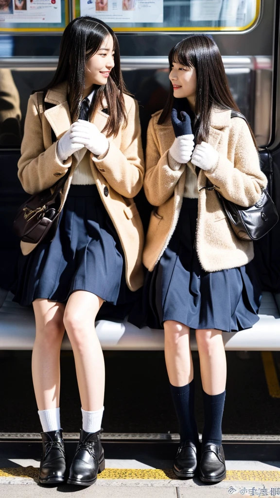 A photo of two mature Japanese high school girls wearing duffle coats with leather shoes and shiny black leather gloves,Heavy makeup, Profile of a woman with her legs crossed at the entrance to the subway. Ultra Mini Skirt,LOL,School Bags,This photo was taken in daylight with soft lighting..、The girls are sitting on the ground.。. This photo was taken by someone on their cell phone..、Apparently it was posted on Snapchat.。.