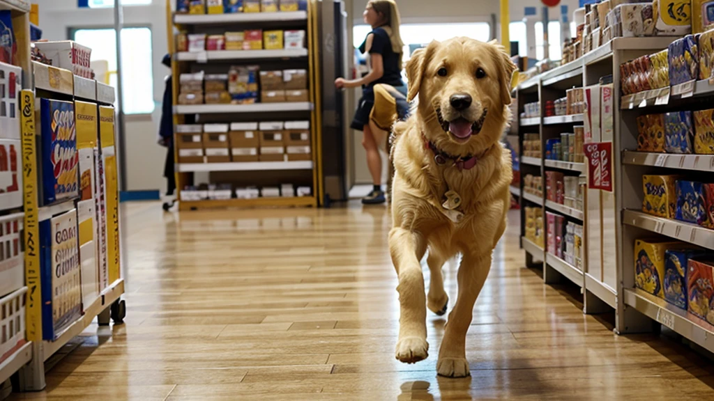 A golden retriever dog running in the aisle playing