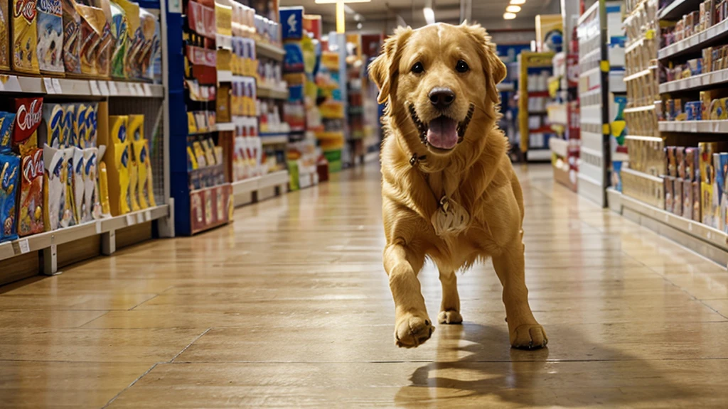 A golden retriever dog running in the aisle playing