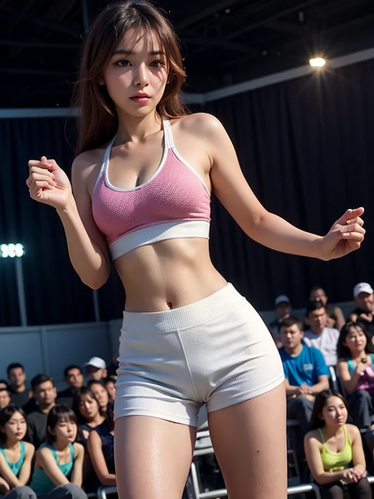 Low - Angle、solo、((Open Stance)),White shorts、Light pink sports bra、Pedestrian precinct、(((Staring at the audience)))、(Sexy young woman&#39;s body:1.4),Beautiful kneey thighs are clean、