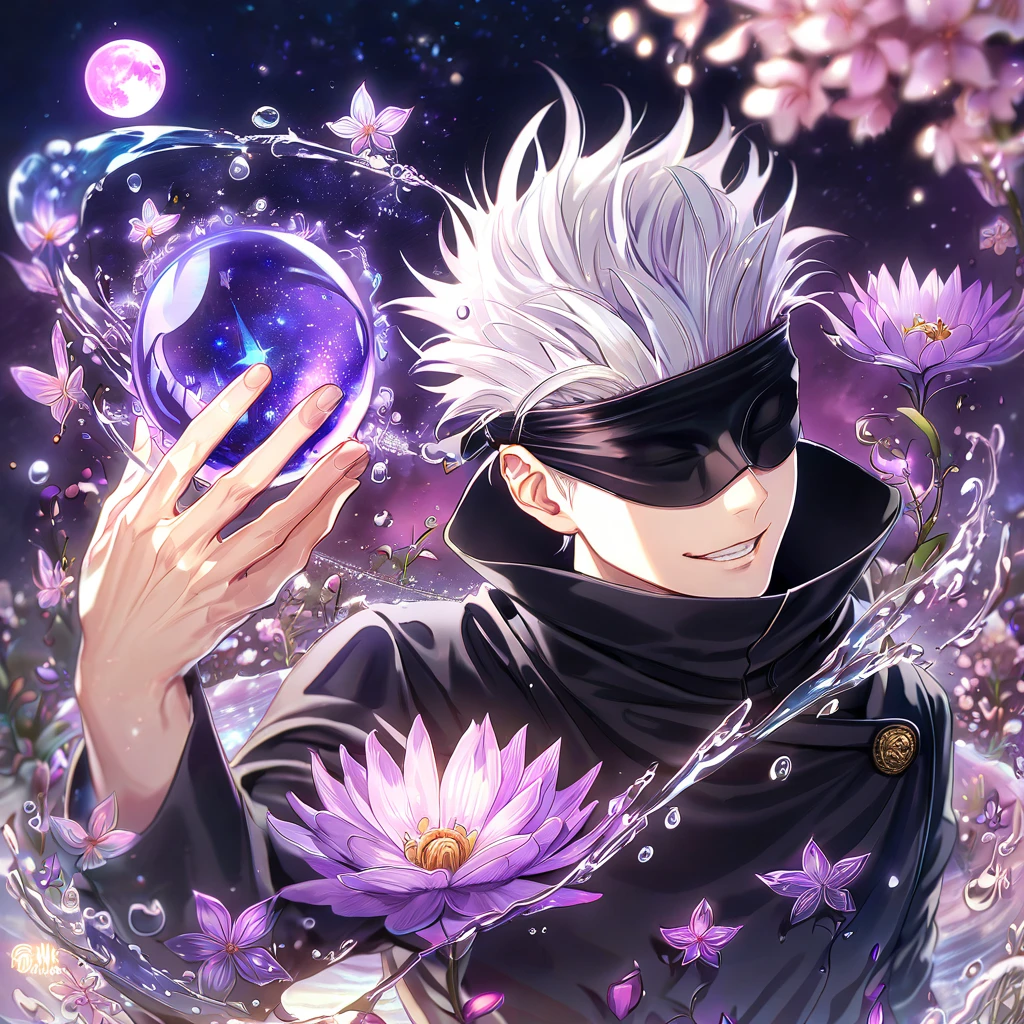 absurdres, highres, ultra detailed, HDR, master piece, best quality, extremely detailed face, delicated features, Gojou Satoru, white hair, black blindfolded eyes, Jujutsu Kaisen, solo, sexy man, handsome, smile, black clothes, purple flowers, purple petals, water, magical, fantasy, purple moon, starry sky, envy magical