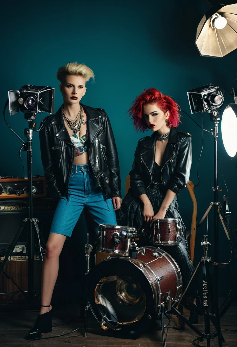 vintage editorial look photoshoot for a punk rock band, Panavision cameras and anamorphic lenses, technicolor film, vogue, dynamic camera angles, shot on leica m6, back to back, dramatic studio lighting, interesting poses