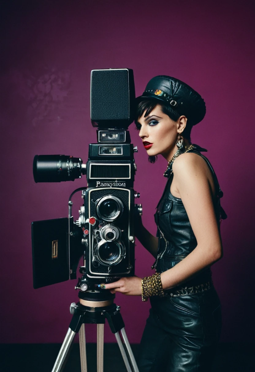 vintage editorial look photoshoot for a punk rock band, Panavision cameras and anamorphic lenses, technicolor film, vogue, dynamic camera angles, shot on leica m6, back to back, dramatic studio lighting, interesting poses
