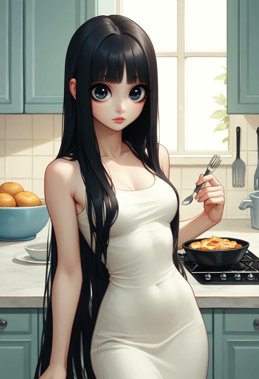 black-haired woman with long hair posing in a white dress in a kitchen, Long blonde hair and big eyes, black hair and big eyes, 2 4 year old female model, Long black hair and big eyes, she in front of the camera, sexy look at the camera, Beautiful Dolphin, extremely beautiful face, she is about 20 years old
