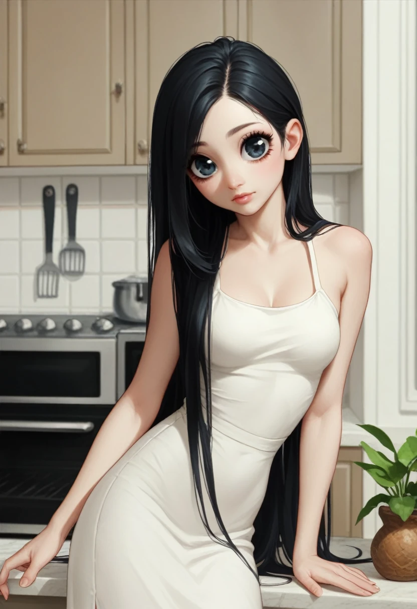 black-haired woman with long hair posing in a white dress in a kitchen, Long blonde hair and big eyes, black hair and big eyes, 2 4 year old female model, Long black hair and big eyes, she in front of the camera, sexy look at the camera, Beautiful Dolphin, extremely beautiful face, she is about 20 years old
