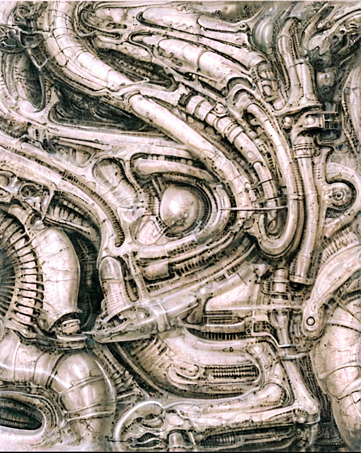 g1g3r, The image is a detailed view of H.R. Giger's \" Biomechanical Landscape No 312 \" plate, featuring a complex network of bones and organs in a purple-brown hue ,swirling gray and brown colors. The artwork is silver and purplish brown, with an ivory bones prominently displayed. The image is highly detailed and intricate, almost like a 3d version of a medical diagram (detailed view of an anatomy model, possibly of a human body, with transparent organs and bones exposed). The piece has a thick mechano-organic texture and is covered in fine details. The image has a swirling, organic quality to it. The artistic manner would be unmistakably Gigeresque. A dark and unsettling beauty would permeate the piece, blurring the lines between fascination and repulsion , forever haunted by the grotesque allure. Giger's signature artistic manner would be evident in every stroke. The airbrush would be wielded with masterful precision to create a hyperrealistic yet nightmarish aesthetic.
 The texture of ivory with signs of burning and fossilization can be seen in the mix of smooth and rough brushstrokes. By Peter mohrbacher, ooze soaked pajama top
