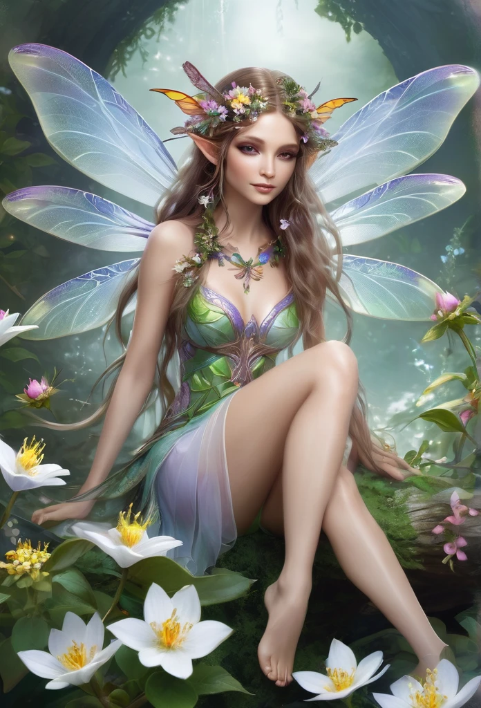 faerie,(fully body),elf ears,dragonfly wings, sensually sitting on a flower,dainty,hair decorated with flowers, Branches and Leaves,around a scene of magic,with flowers,a bit of mist(high qualiy),(refined details),(work of art)