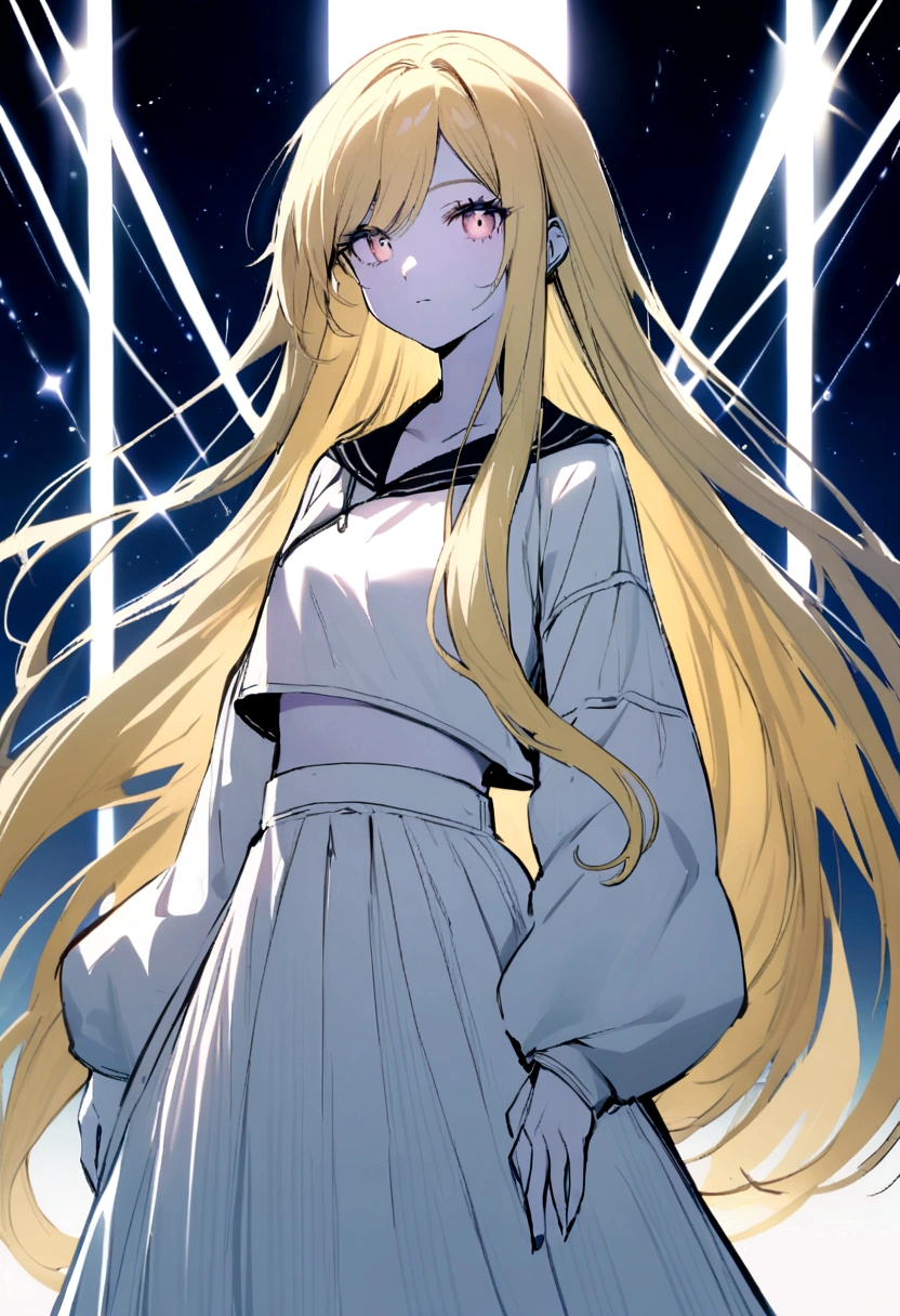 Blonde age girl with very long straight blonde hair, extremely white skin