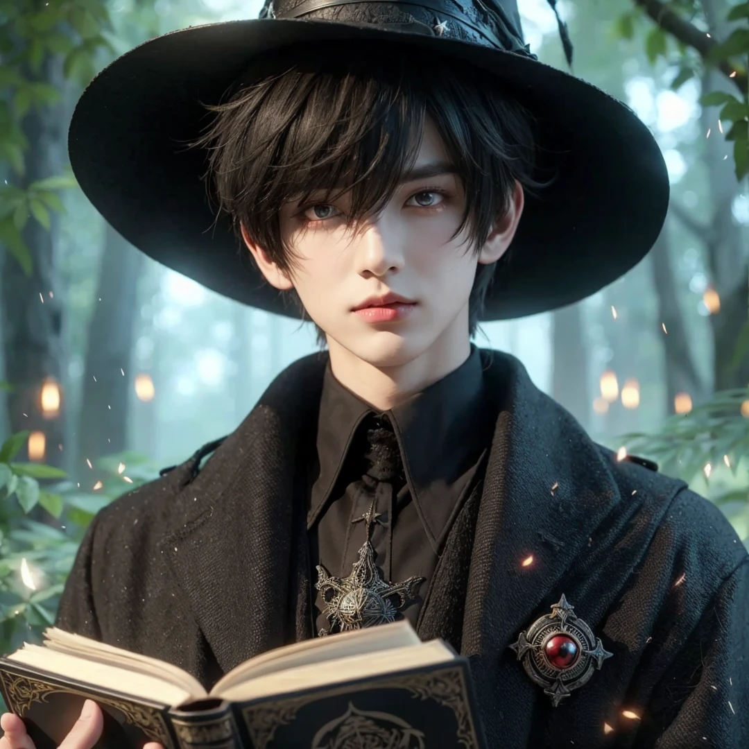Handsome boy, black hair, red eyes, wearing black witch hat, wearing black witch clothes, holding a black magic book, magic forest background