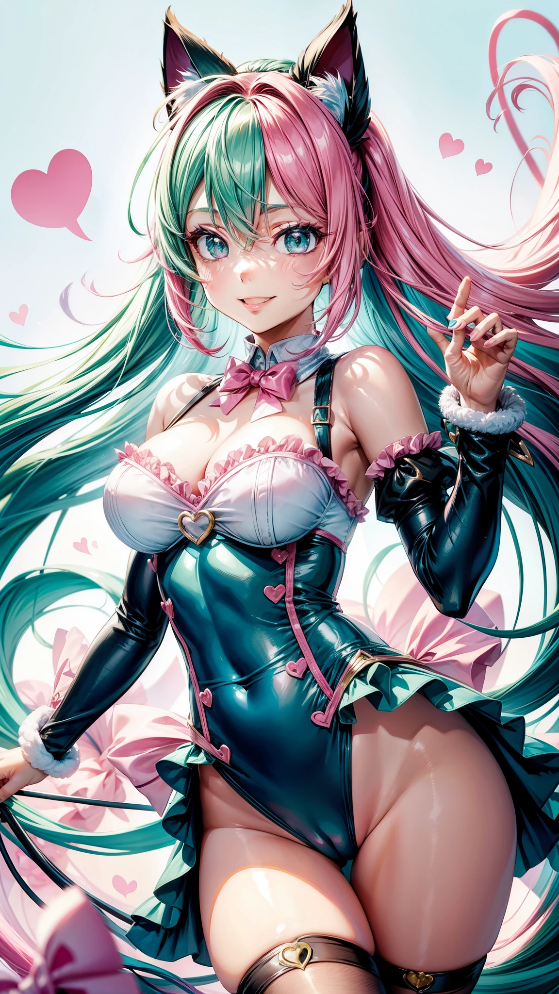 Pink green  hair, pink eyes, woman, teal blue gold clothes, hair bows, happy face, sexy, cat ears, hearts, floating hearts, thigh up, thigh high tights,  long hair, smiling 