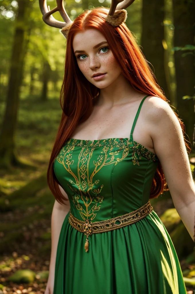 beautiful 20 year old woman in the middle of the enchanted forest. abundant red hair, very long and radiant. Porcelain skin with freckles. bushy red eyebrows. glowing yellow eyes. long and thick eyelashes. full lips. dress made with green tree leaves. wear around the neck with Celtic symbols. deer antlers coming out of his head. whole body. magical appearance. extremely detailed.