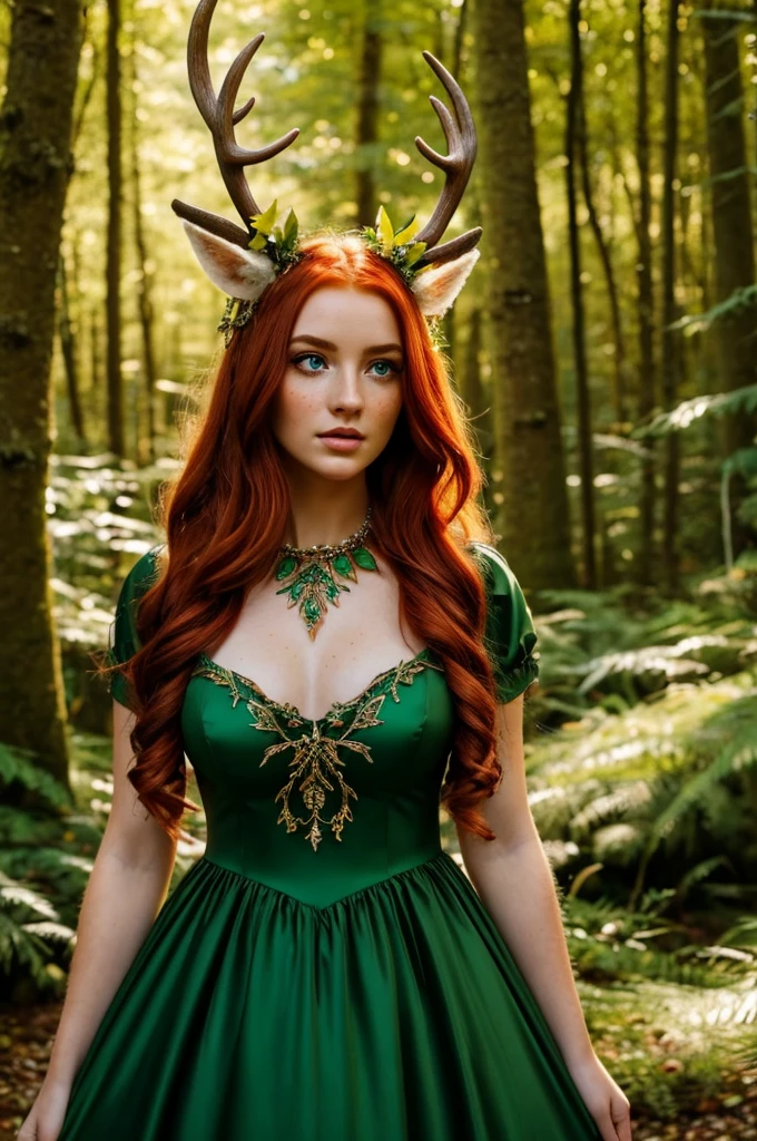beautiful 20 year old woman in the middle of the enchanted forest. abundant red hair, very long and radiant. Porcelain skin with freckles. bushy red eyebrows. glowing yellow eyes. long and thick eyelashes. full lips. dress made with green tree leaves. wear around the neck with Celtic symbols. deer antlers coming out of his head. whole body. magical appearance. extremely detailed.