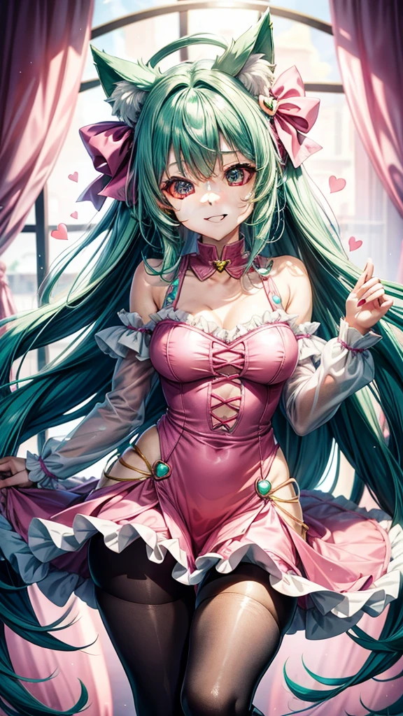 Pink green  hair, pink eyes, woman, teal blue gold clothes, hair bows, happy face, sexy, cat ears, hearts, floating hearts, thigh up, thigh high tights,  long hair, smiling 