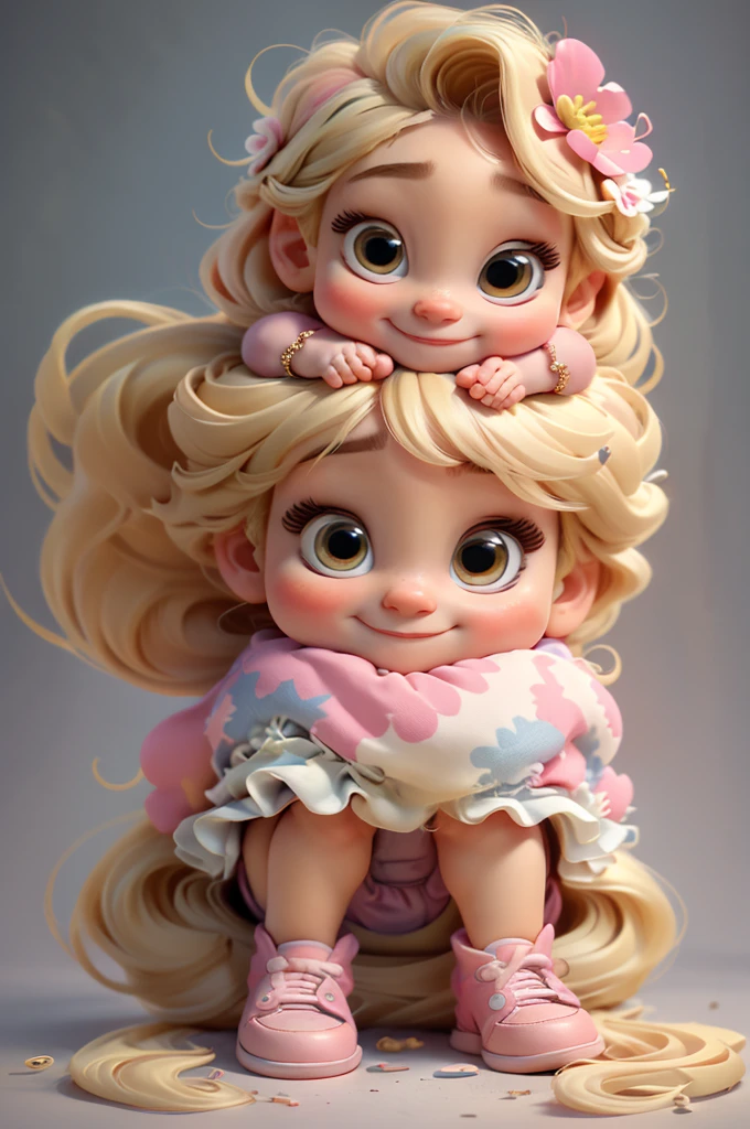 cute baby chibi girl blonde hair, flower in head, white and pink background, smiling happy, blue eyes, big eleyelash, rosy cheeks, blue shoes