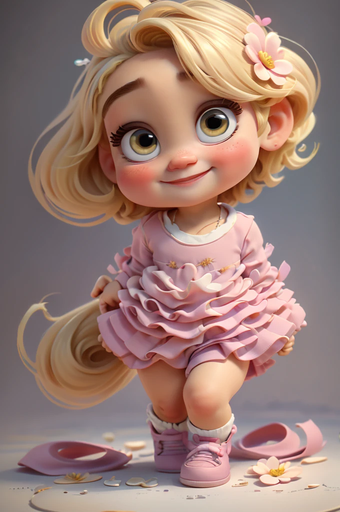 cute baby chibi girl blonde hair, flower in head, white and pink background, smiling happy, blue eyes, big eleyelash, rosy cheeks, blue shoes