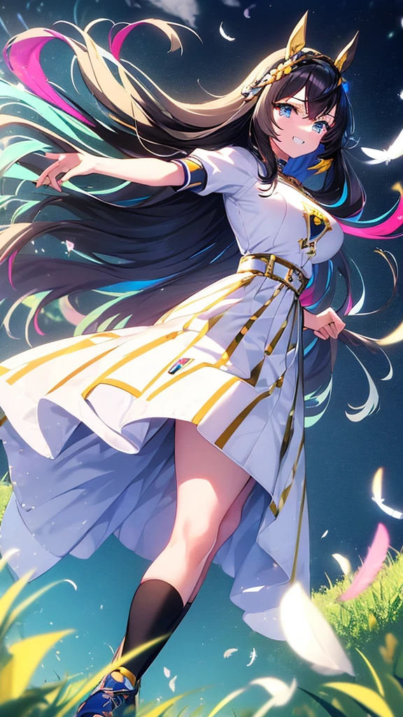 best quality, extremely detailed, anime style adult 1girl, long hair down to the waist, straight hair, ((dark black hair with bluish)),crown braid,beautiful detailed eyes, pinched eyes, dark blue eyes, huge breasts,curvy,((human ear)),(((princess motif jockey's racing uniform))),longskirt,((feather and colorful accessory)),((foppery shoes)),((((light smile)))),((((grassland)))),animation cap,animated gif,in umamusume style