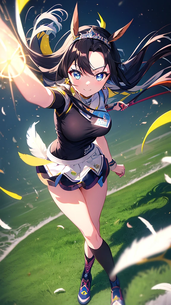best quality, extremely detailed, anime style adult 1girl, long hair down to the waist, straight hair, ((dark black hair with bluish)),crown braid,beautiful detailed eyes, pinched eyes, dark blue eyes, huge breasts,curvy,((human ear)),(((princess motif jockey's racing uniform))),longskirt,((feather and colorful accessory)),((foppery shoes)),((((light smile)))),((((grassland)))),animation cap,animated gif,in umamusume style