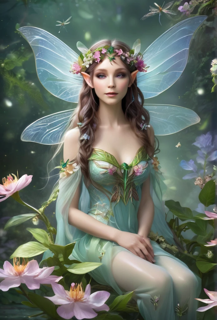 faerie,(fully body),elf ears,dragonfly wings, sensually sitting on a flower,dainty,hair decorated with flowers, Branches and Leaves,around a scene of magic,with flowers,a bit of mist(high qualiy),(refined details),(work of art)