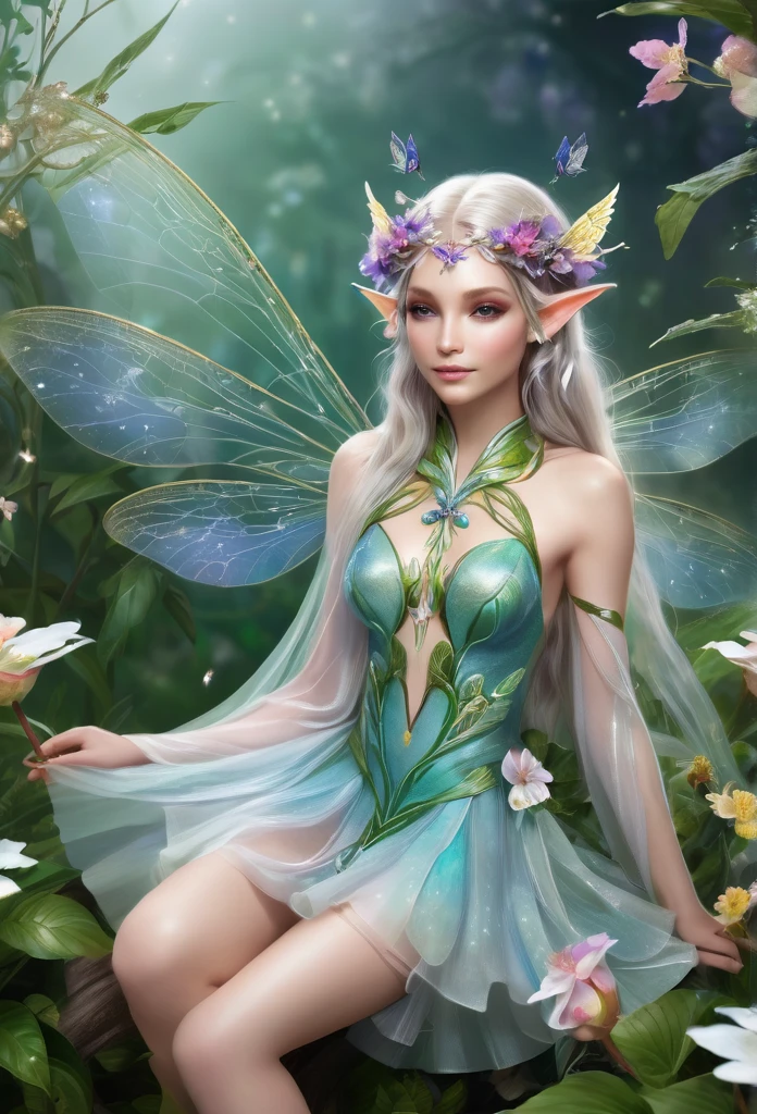 faerie,(fully body),elf ears,dragonfly wings, sensually sitting on a flower,dainty,hair decorated with flowers, Branches and Leaves,around a scene of magic,with flowers,a bit of mist(high qualiy),(refined details),(work of art)