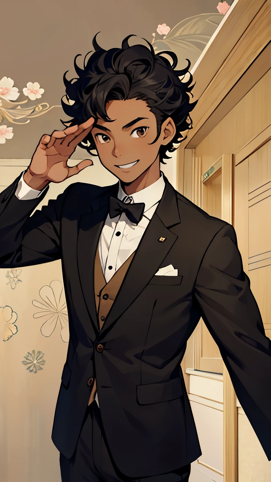 Anime styles, black man with brown eyes, slim, gray suit, cheerful expression, short curly black hair, hotel wallpaper, greeting with a wave of the hand