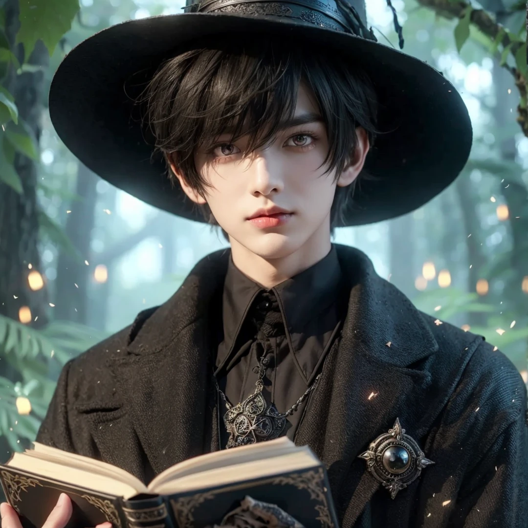 Handsome boy, black hair, red eyes, wearing black witch hat, wearing black witch clothes, holding a black magic book, magic forest background