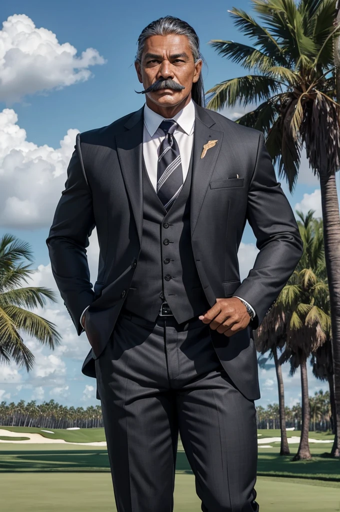 man from samoa, 60 years old, very muscular body, long gray hair, football coach, handlebar moustache, wearing black business suit, on a florida golf course