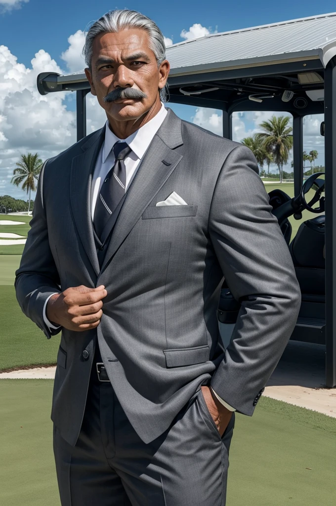 man from samoa, 60 years old, very muscular body, long gray hair, football coach, handlebar moustache, wearing black business suit, on a florida golf course