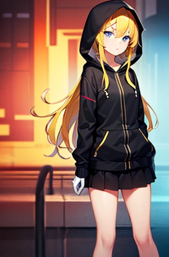girl, Yellow hair, serious look, Black hooded jacket, short black skirt, White shoes, white gloves, blue eyes, long hair, glitch around