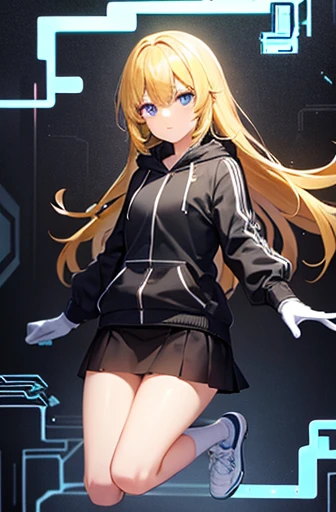 girl, Yellow hair, serious look, Black hooded jacket, short black skirt, White shoes, white gloves, blue eyes, long hair, glitch around