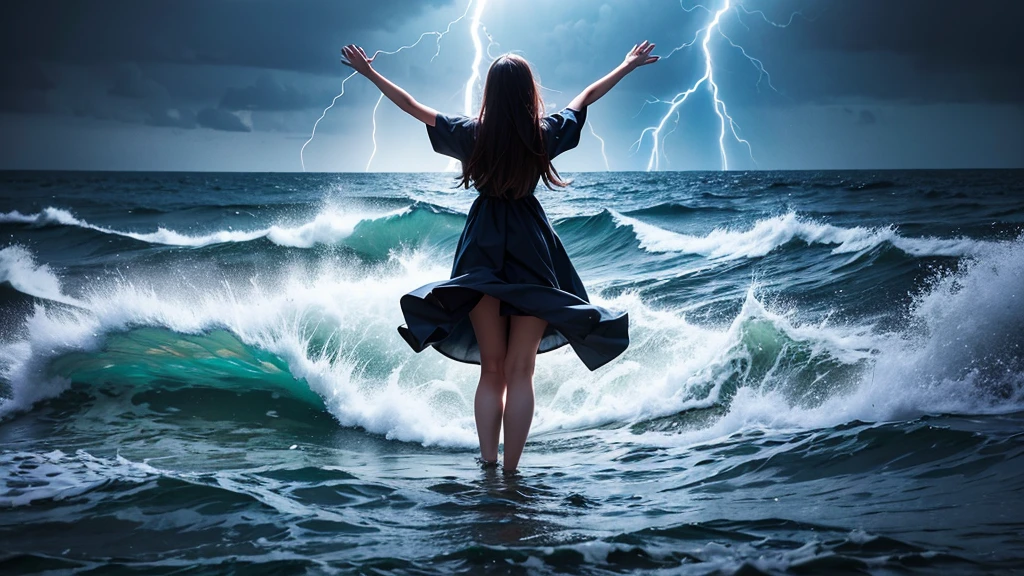 create an image of a person drowning alone with their hands up in a rough night sea with just a reflection of lightning to brighten the scene.