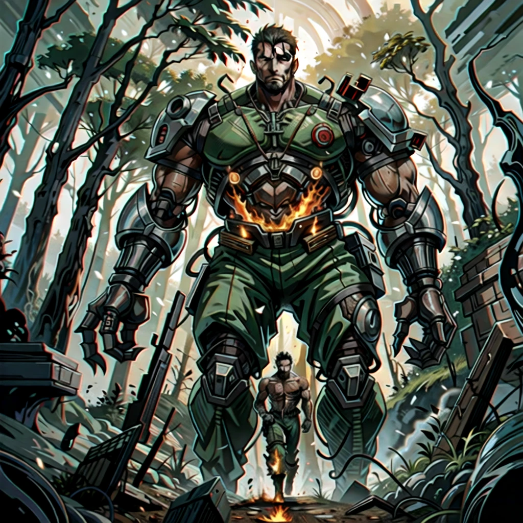 Image of a cyborg man with a very muscular body, showing cybernetic-style muscular arms, italian man face, wearing only American army pants, looking at the camera walking forward, in a thicket in the forest of Vietnam, several burning trees, several shadows of little burning people.
