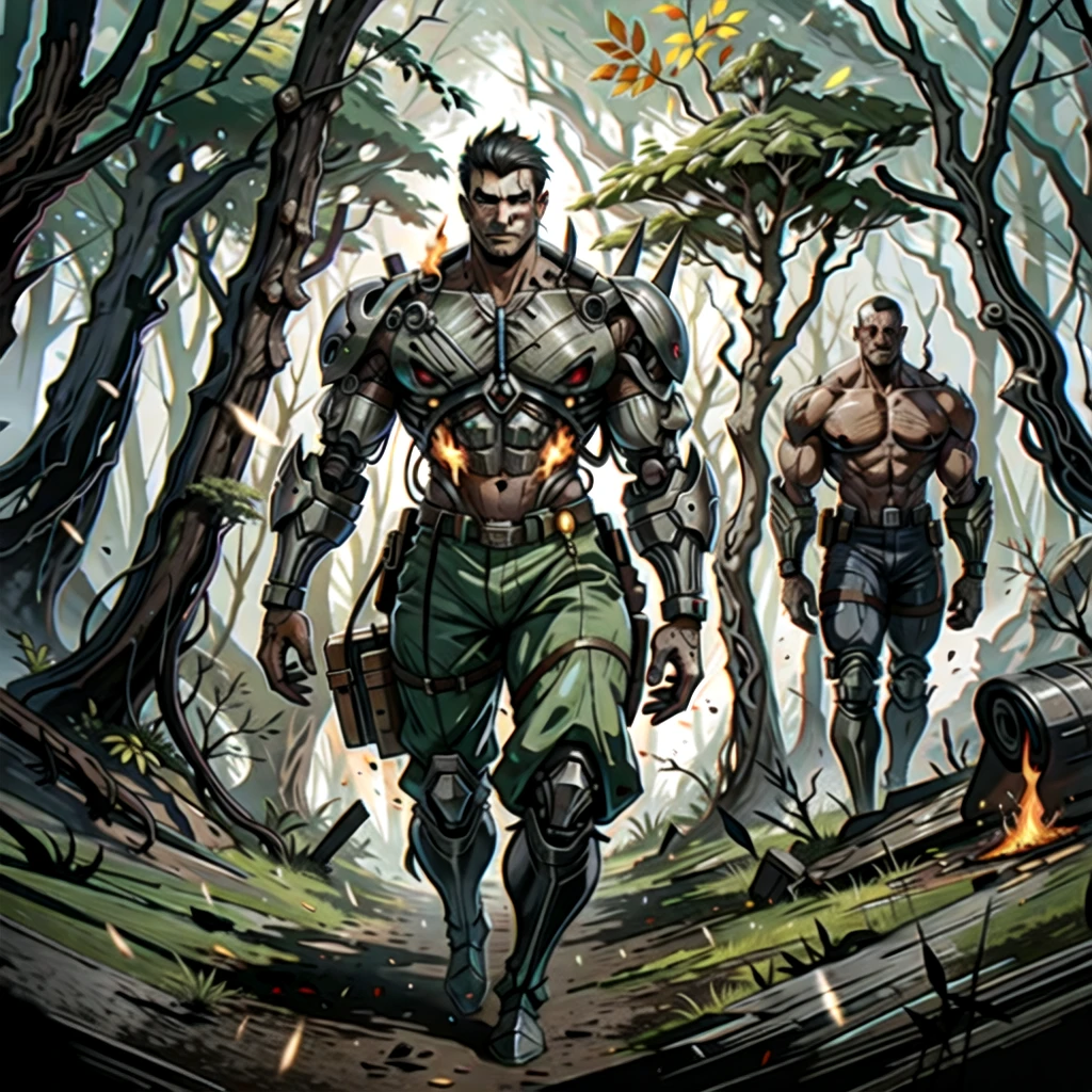 Image of a cyborg man with a very muscular body, showing cybernetic-style muscular arms, italian man face, wearing only American army pants, looking at the camera walking forward, in a thicket in the forest of Vietnam, several burning trees, several shadows of little burning people.