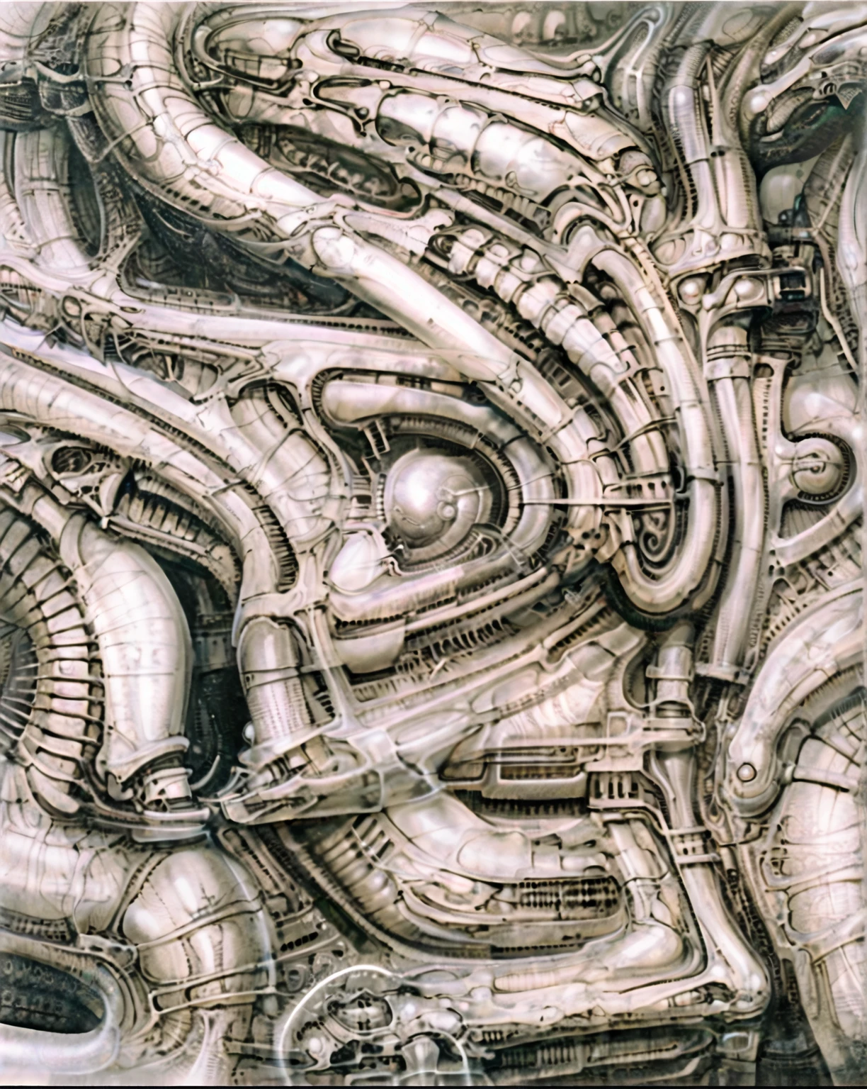 g1g3r, The image is a detailed view of H.R. Giger's \" Biomechanical Landscape No 312 \" plate, featuring a complex network of bones and organs in a purple-brown hue ,swirling gray and brown colors. The artwork is silver and purplish brown, with an ivory bones prominently displayed. The image is highly detailed and intricate, almost like a 3d version of a medical diagram (detailed view of an anatomy model, possibly of a human body, with transparent organs and bones exposed). The piece has a thick mechano-organic texture and is covered in fine details. The image has a swirling, organic quality to it. The artistic manner would be unmistakably Gigeresque. A dark and unsettling beauty would permeate the piece, blurring the lines between fascination and repulsion , forever haunted by the grotesque allure. Giger's signature artistic manner would be evident in every stroke. The airbrush would be wielded with masterful precision to create a hyperrealistic yet nightmarish aesthetic.
The texture of ivory with signs of burning and fossilization can be seen in the mix of smooth and rough brushstrokes. By Peter mohrbacher, ooze soaked pajama top