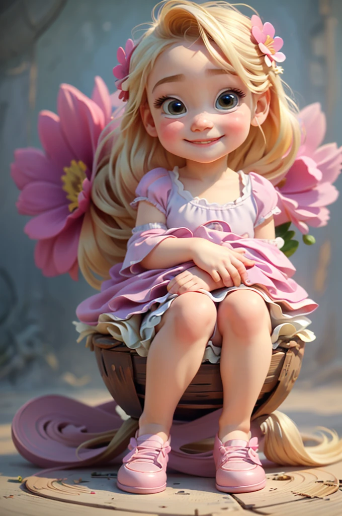 cute baby chibi girl blonde hair, flower in head, white and pink background, smiling happy, blue eyes, big eleyelash, rosy cheeks, blue shoes