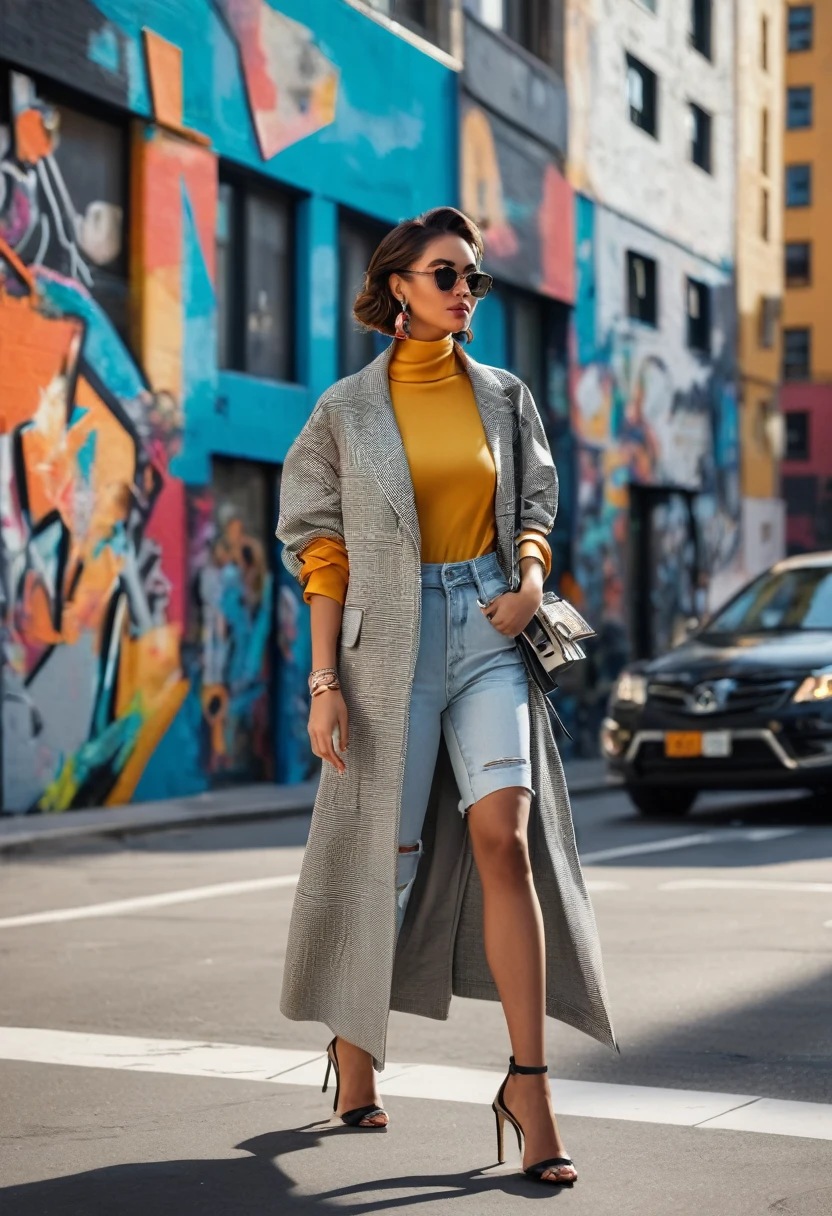 full length ،"A young woman with a modern street style is walking down a busy street. She is wearing a chic outfit complemented by modern accessories. The background includes street art and modern buildings, showcasing the energy and charm of the city."
