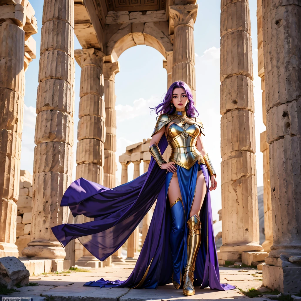 one woman, 25 year old, Greek goddness, purple hairs, blue eyes, greece, ancien temple, perfect bosy, masterclass, HD, 8k, wearing an armor, gold armor, armure cisellée, zodiac armor design, mythological armor, white cape, dark enegy aura, in an ancient greek temple in ruins