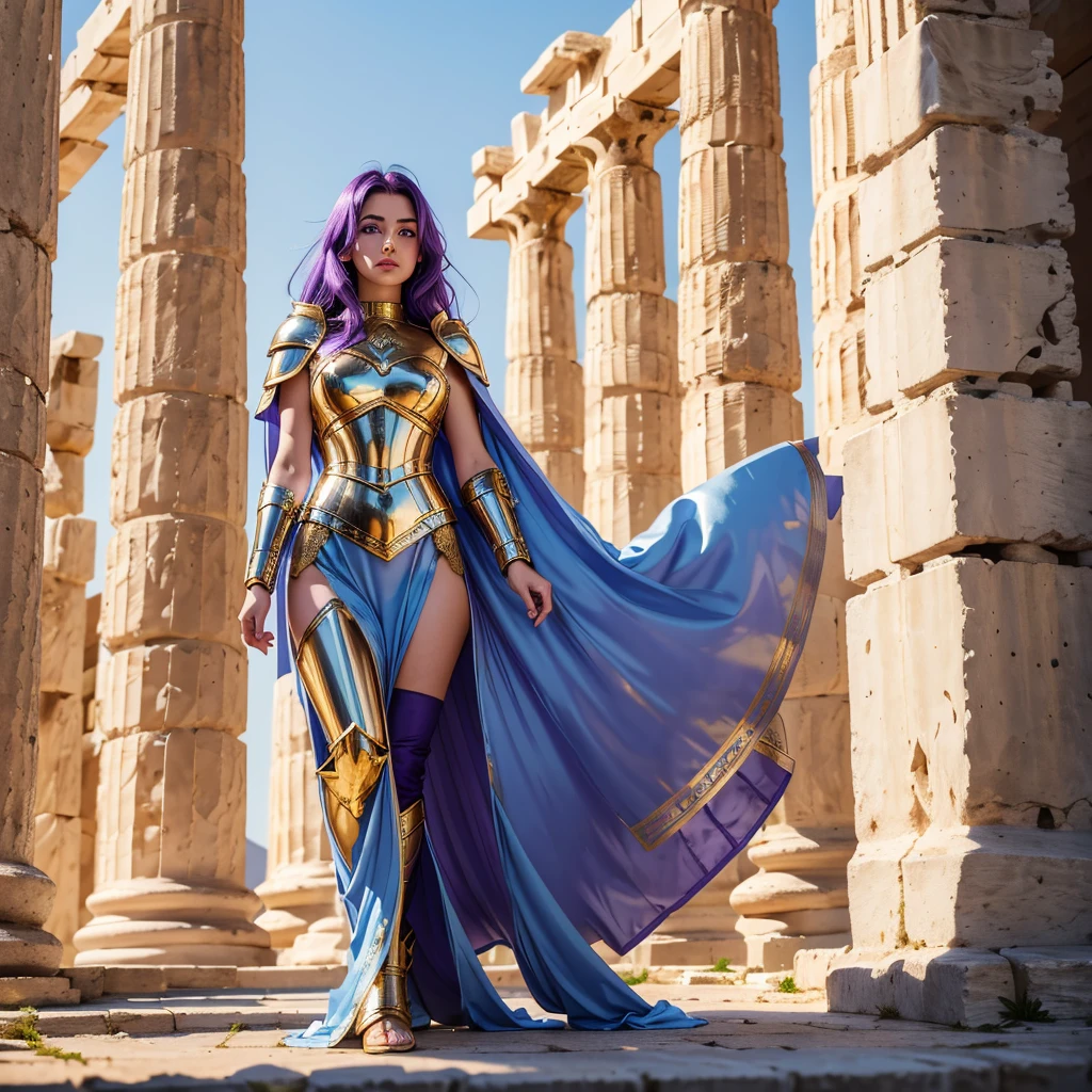 one woman, 25 year old, Greek goddness, purple hairs, blue eyes, greece, ancien temple, perfect bosy, masterclass, HD, 8k, wearing an armor, gold armor, armure cisellée, zodiac armor design, mythological armor, white cape, dark enegy aura, in an ancient greek temple in ruins