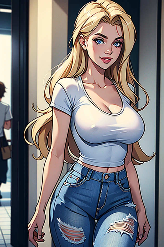 A beautiful busty blonde haired blue eyed woman resembling like Anna Nicole Smith, 21 years old, with extremely humongous tits, wearing white t-shirt, and ripped denim mini-short, smiling, seductive and walking through the corridors of the university, photorealistic, 8k, highly detailed, dramatic lighting, cinematic composition, elegant fashion, glamorous, intricate details, hyper realistic