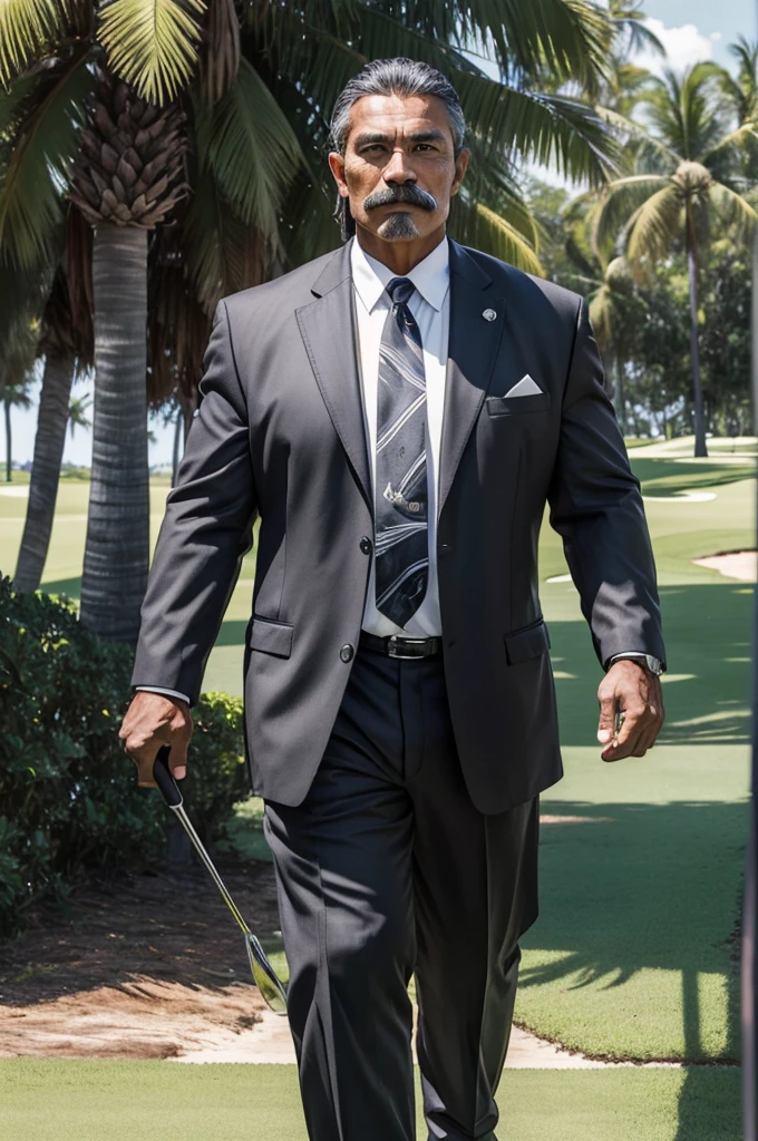man from samoa, 60 years old, very muscular body, long gray hair, football coach, handlebar moustache, wearing black business suit, on a florida golf course