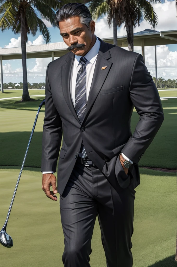 man from samoa, 60 years old, very muscular body, long gray hair, football coach, handlebar moustache, wearing black business suit, on a florida golf course