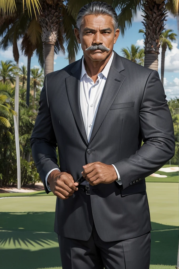 man from samoa, 60 years old, very muscular body, long gray hair, football coach, handlebar moustache, wearing black business suit, on a florida golf course