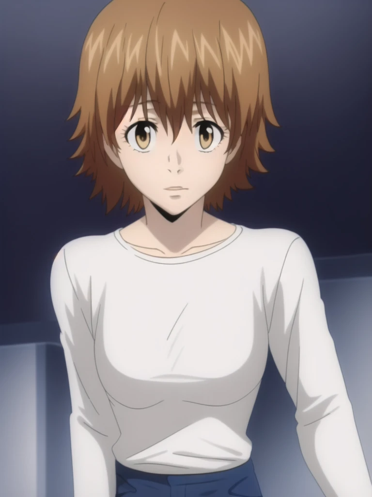 kyoko1, 1girl, short hair, brown hair, White t shirt, shortslevees, squared neck shirt, Flower pattern, blue jeans, master pease((masterpiece: 1.2)),ultra-detailed, ultra high res, high quality, 4K, solo, ((mature female, masterpiece, mistress, goddess)),